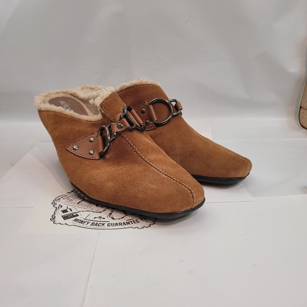 Aerosoles Cinchshearly Mules Women 9.5M Brown Suede Shearling Lined Block Heel - Picture 8 of 13